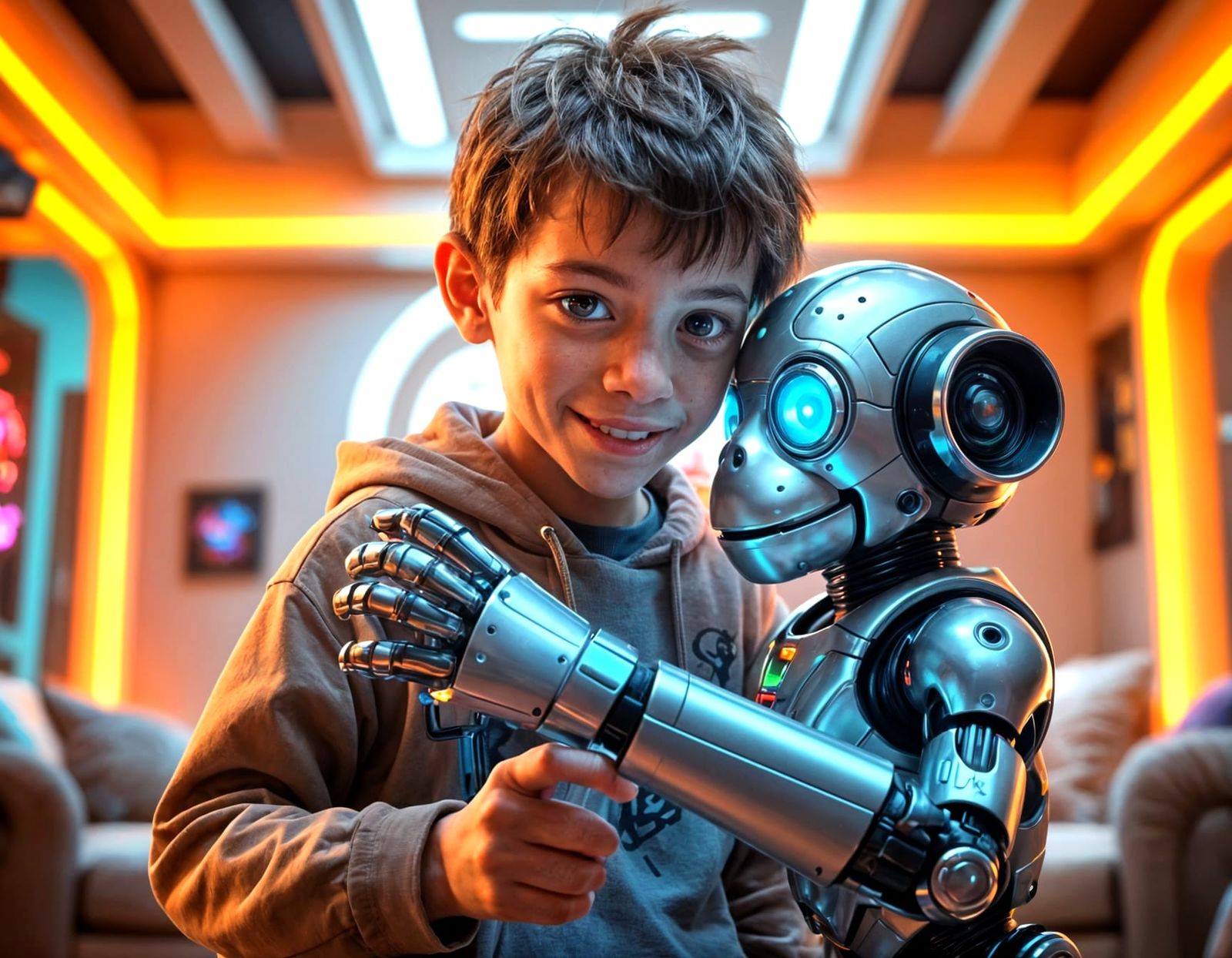 Boy and Robot Monkey Toy in Hyperrealism Style