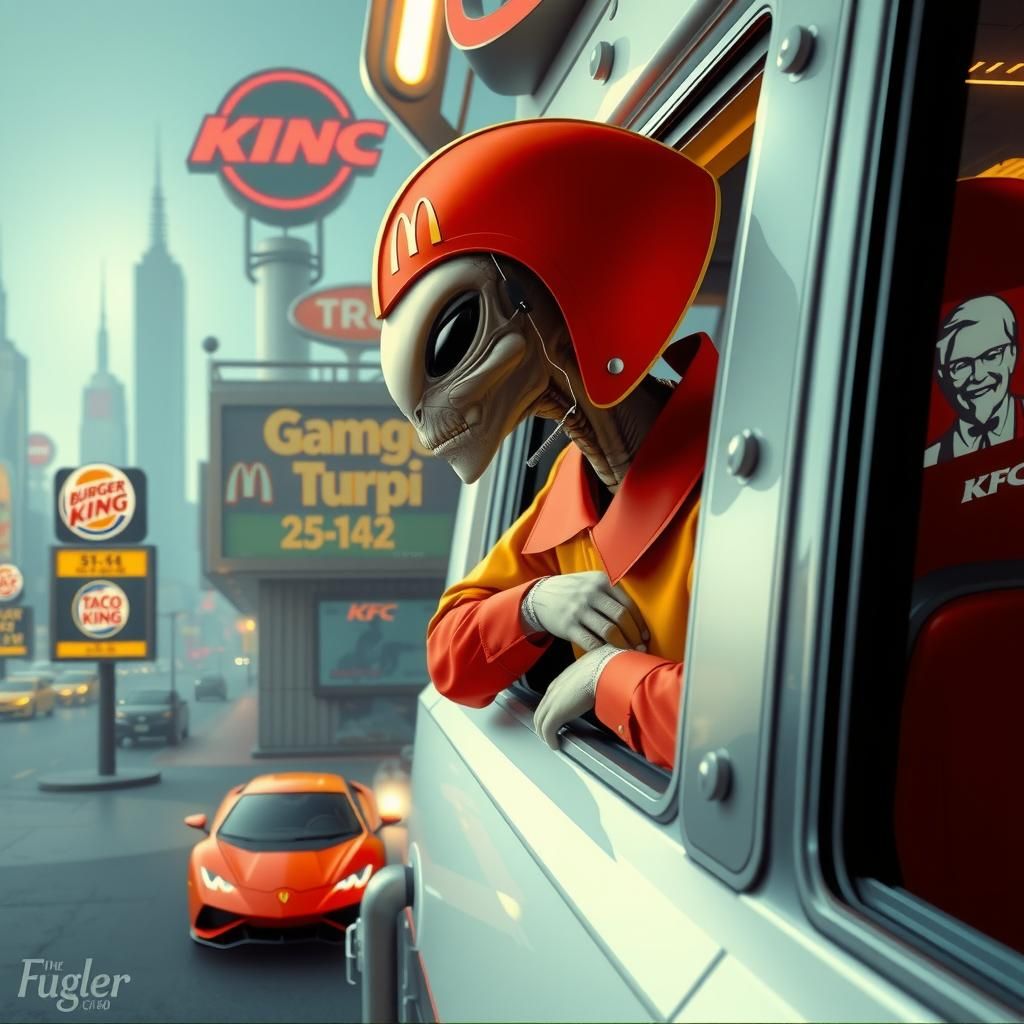 Alien McDonald's Worker in Dystopian Cityscape