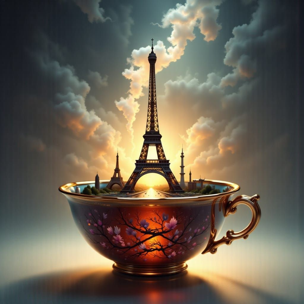 Paris Skyline Teacup at Dusk with Sugar Glass Eiffel Tower