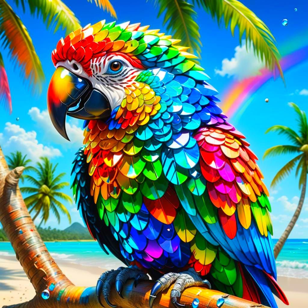 Crystal Parrot on Perfect Beach, Hyperdetailed Art