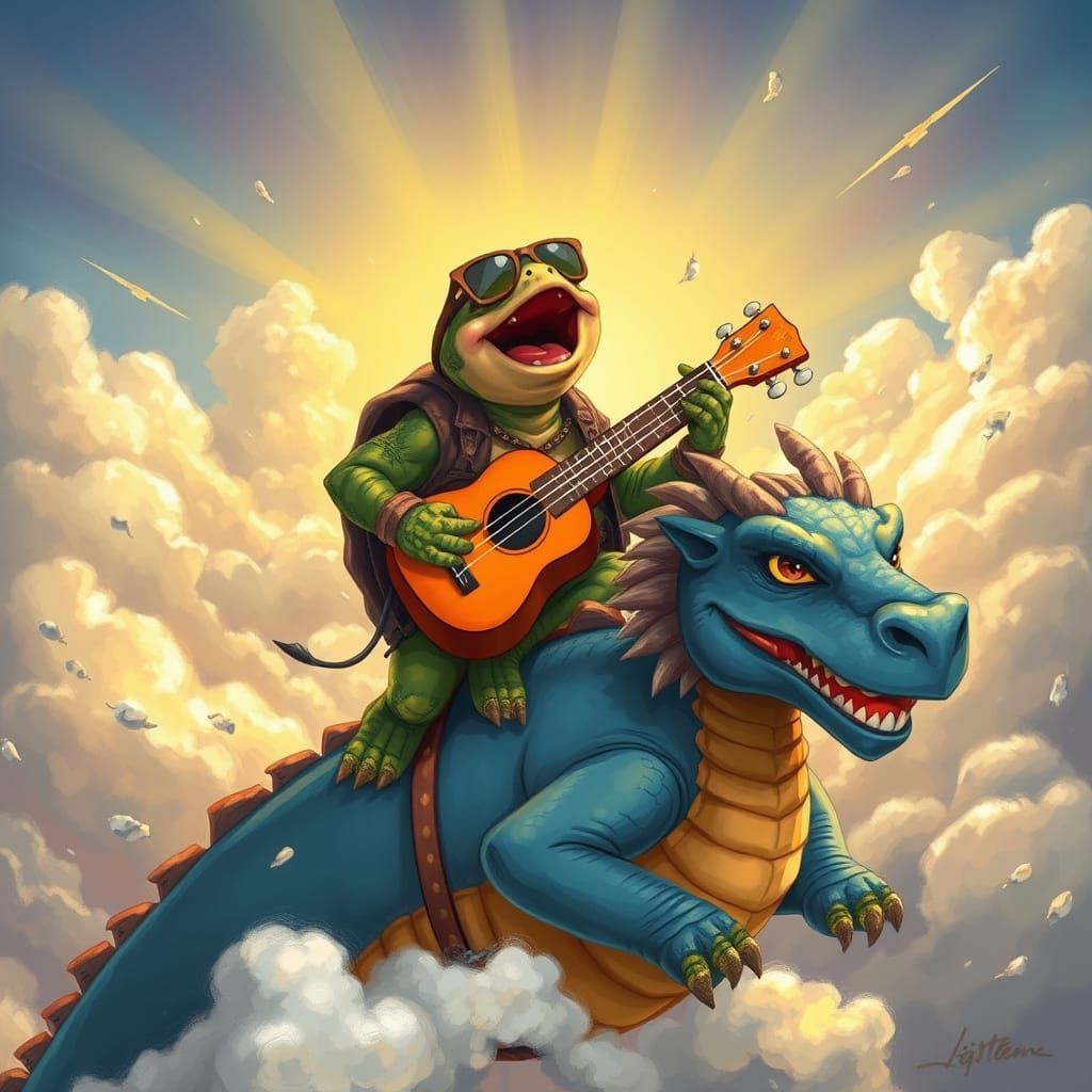 Armored Turtle Rides Dragon, Plays Ukulele