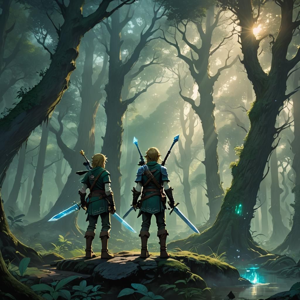 Link and Cloud in Mystical Forest: Fantasy Art