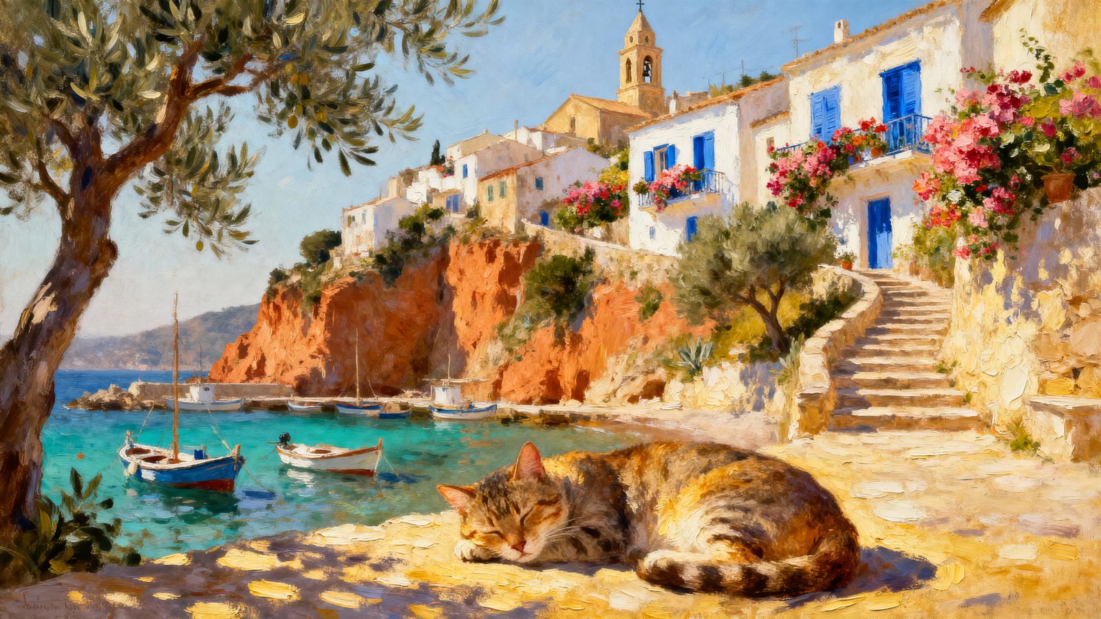 Lazy Cat in Sun-Soaked Mediterranean Village
