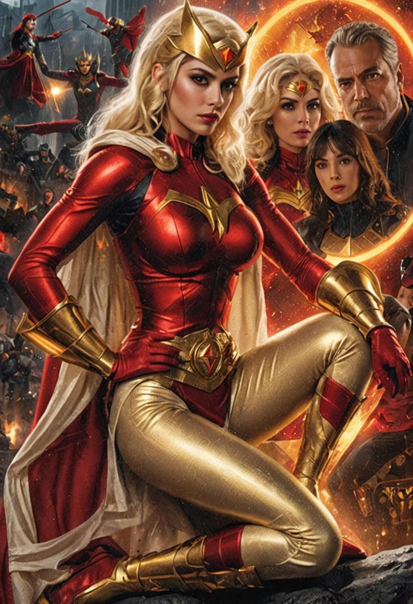 Blonde Superheroine in Red and Gold Attire