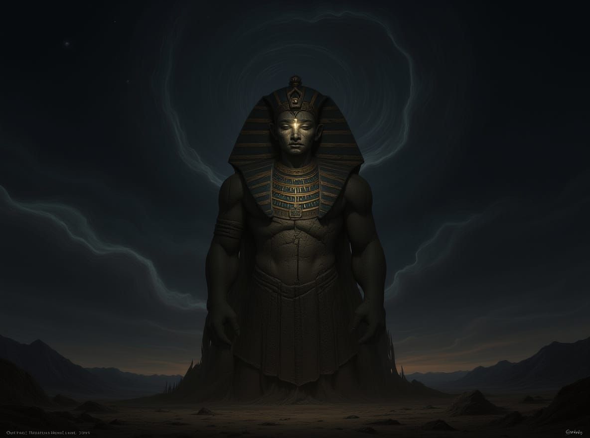 Colossal Ancient Deity Statue on Windswept Plain