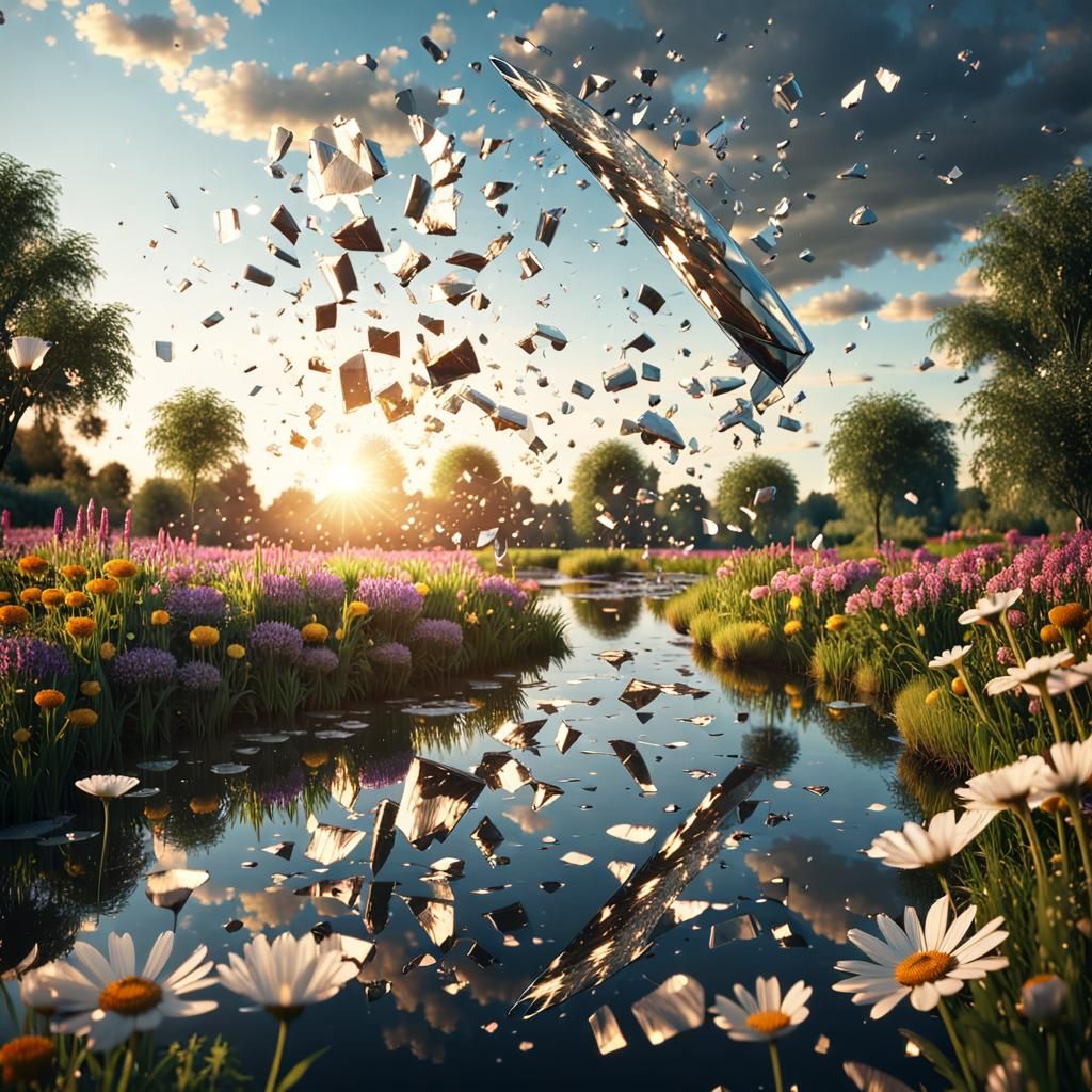 Flying Mirror Shards Reflecting Sunrise Over Meadow