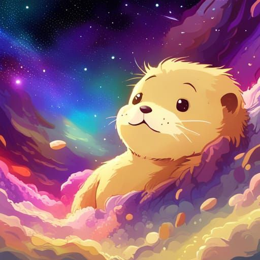 Otter Swims Through Colorful Galactic Space