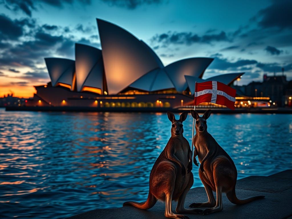 Sydney Opera House with Kangaroos Waving Danish Flags at Dus...