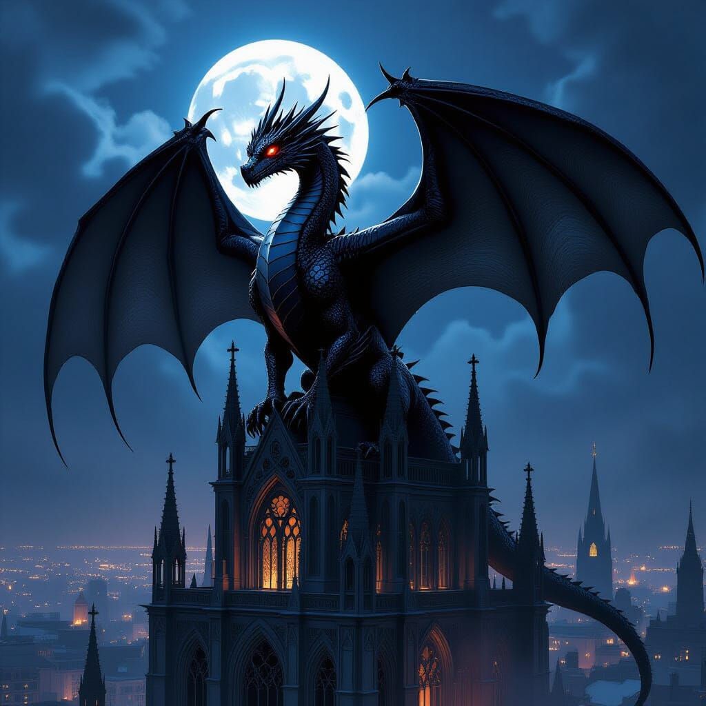 Regal Black Dragon Perched on Gothic Cathedral