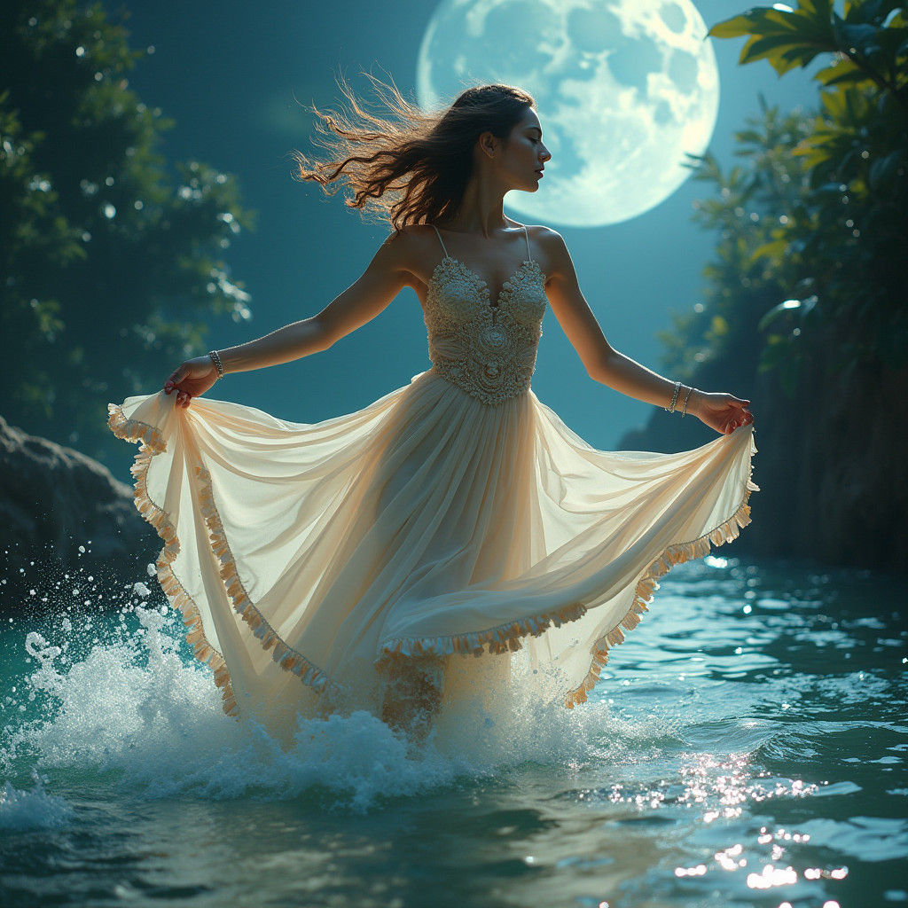 Woman Dancing in Moonlight with Aquatic Attire