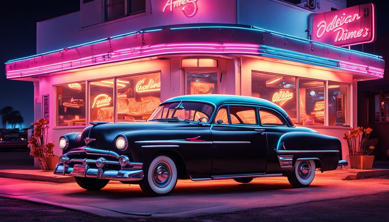 1950s American Diner at Night in Poster Art Style