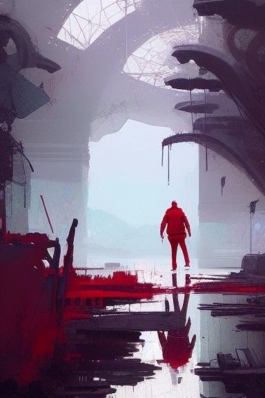 Atlantis Ruins: Man in Red, Photorealistic Art