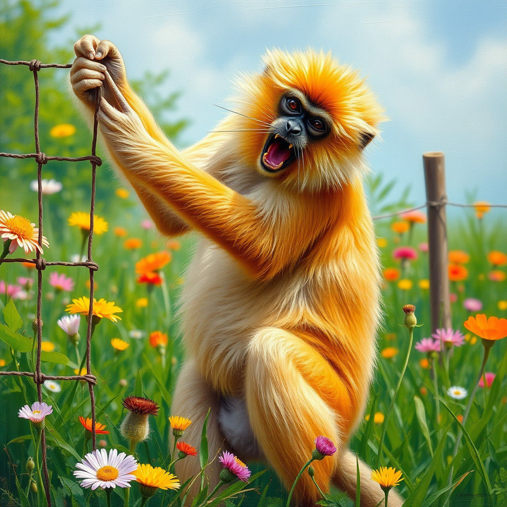 Golden Gibbon in Meadow: Neo-Impressionist Oil Painting