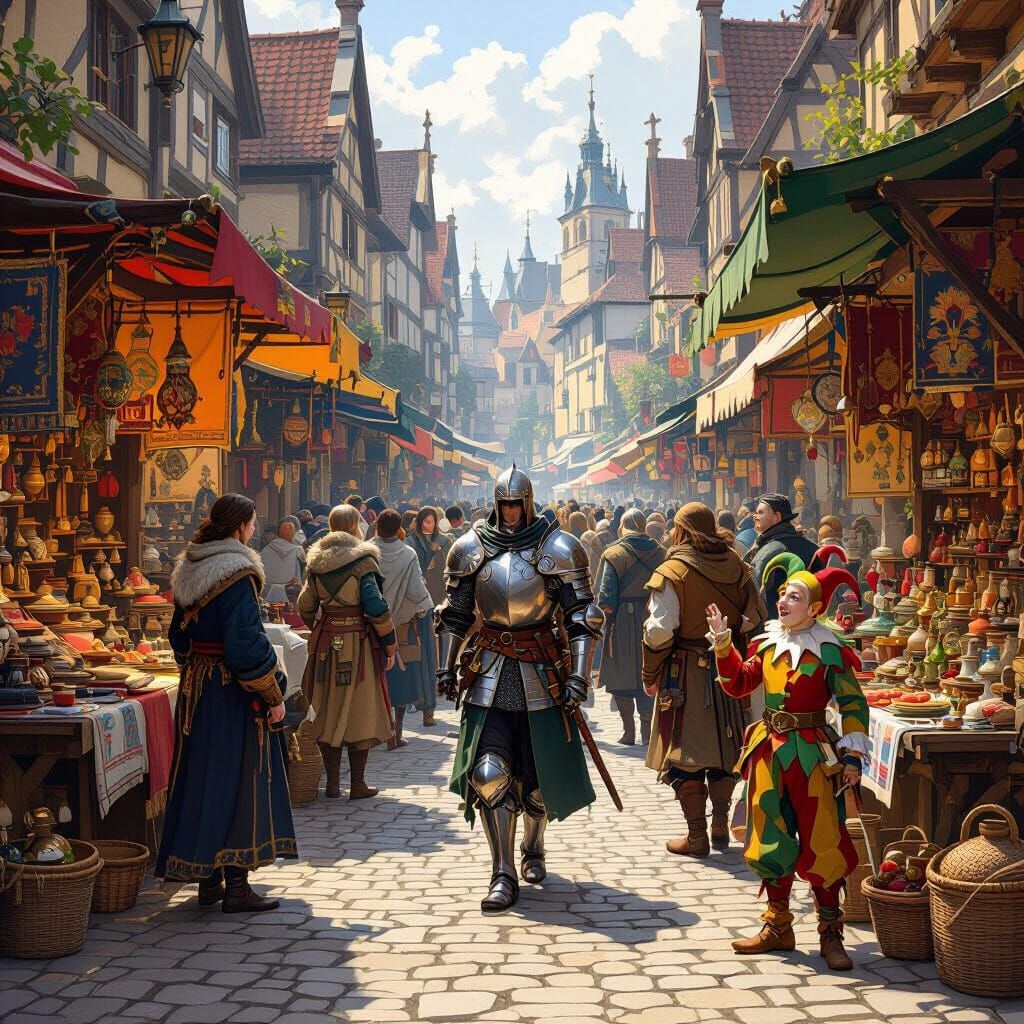 Medieval Marketplace Scene: Knights, Jesters & Wares in Oil ...