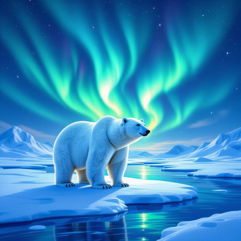 Polar Bear with Quill Patterns Under Aurora Borealis