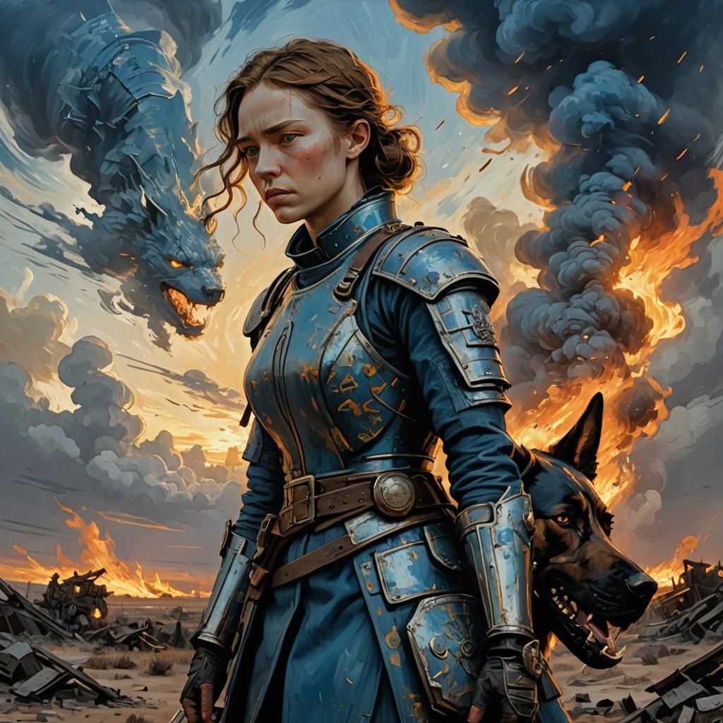 Scavenger Girl and Armored Dog in Van Gogh Style