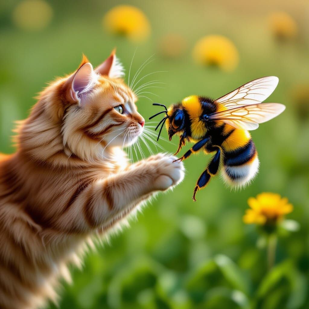 Ginger Cat Leaps at Giant Bumblebee in Photorealistic Meadow