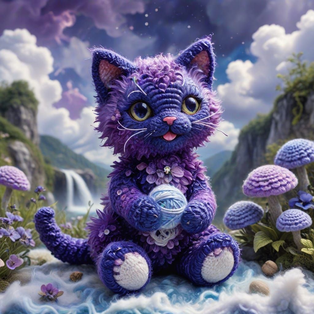 Vibrant Kitten in Whimsical Oil and Watercolor Landscape