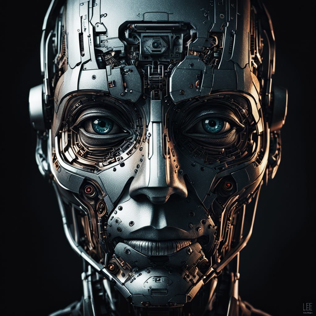 Aritech Robot Face Portrait in Gritty Monochrome