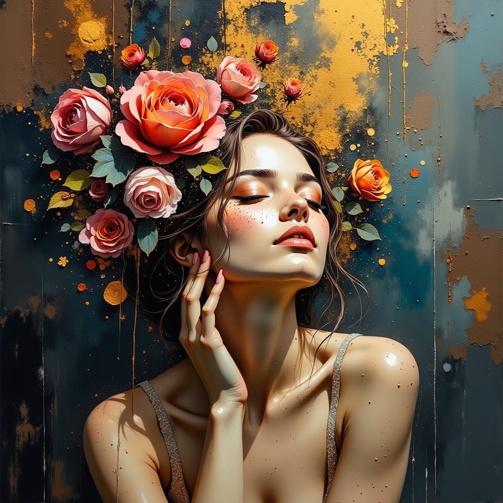 A Woman in Vibrant Attire Amidst a Kaleidoscope of Flowers