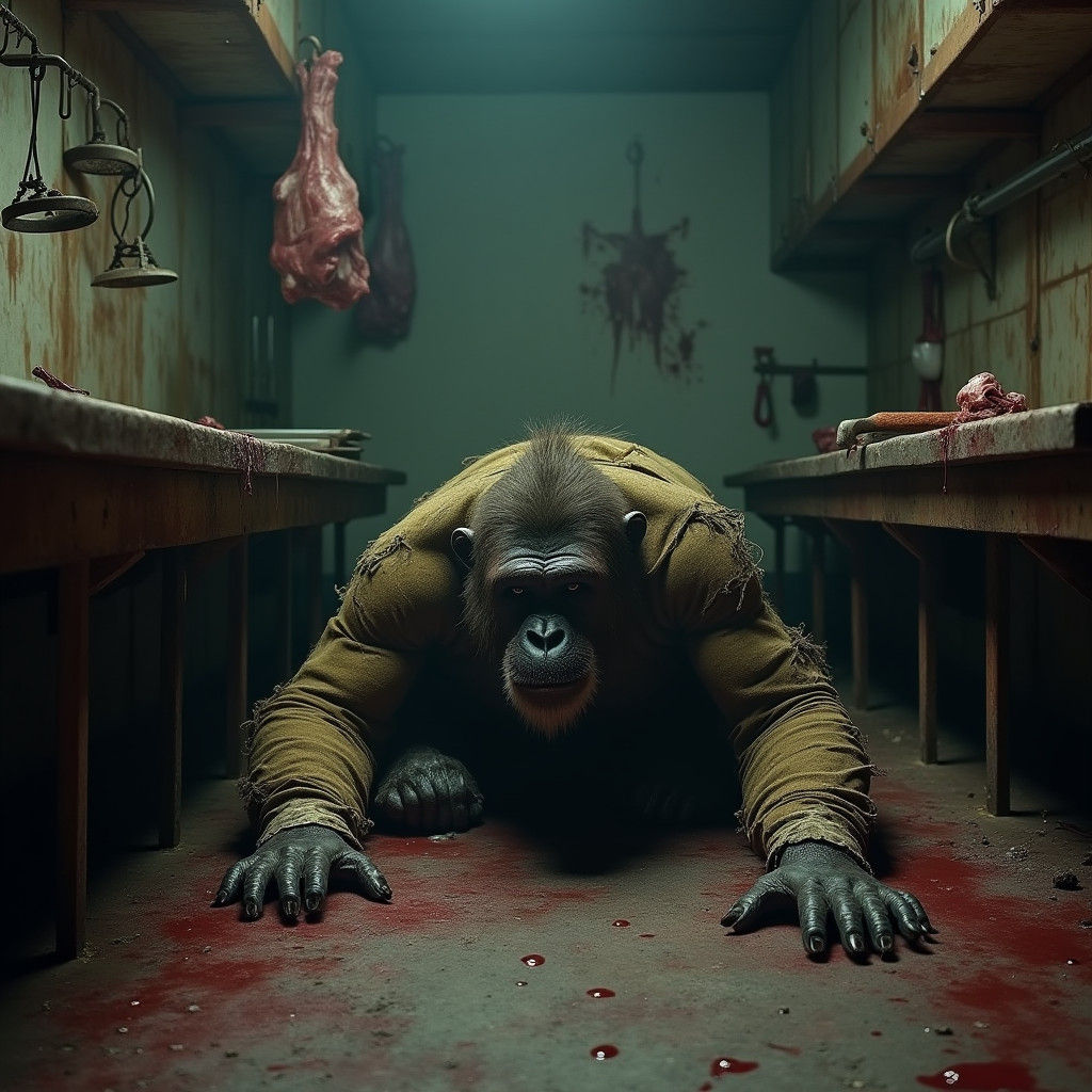 Clothed Primate in Abandoned Butchery: Hyperrealistic 4K Ima...