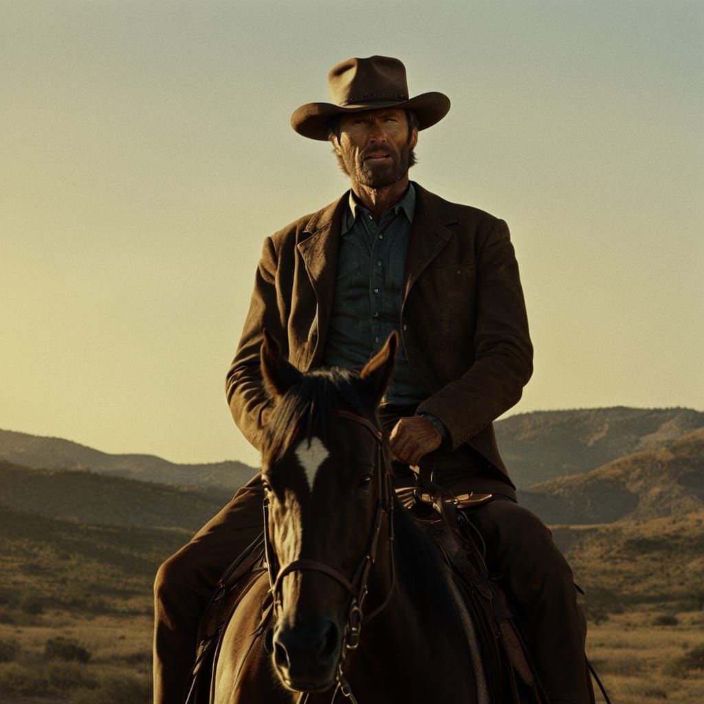 Cowboy Rides at Sunset in Sergio Leone Style
