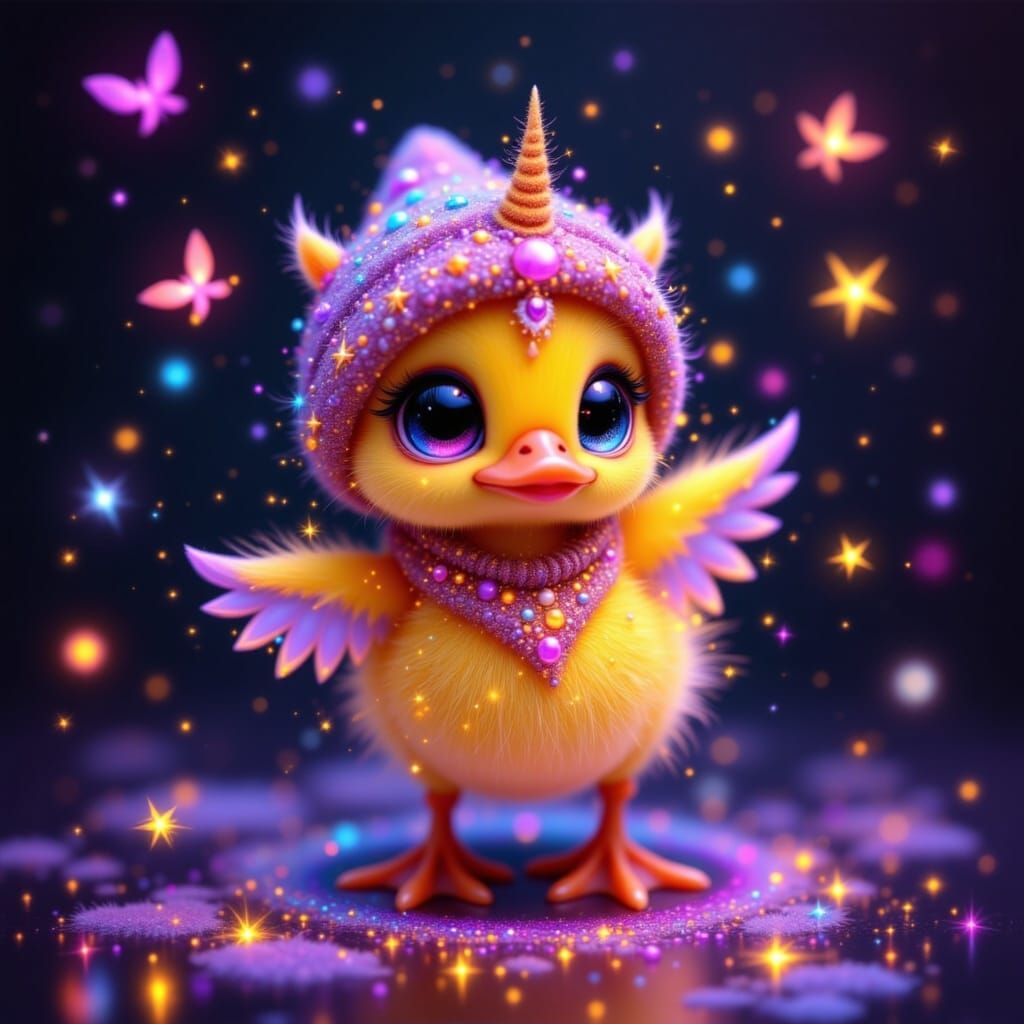 Cute Fuzzy Duck Dances Under Fireflies