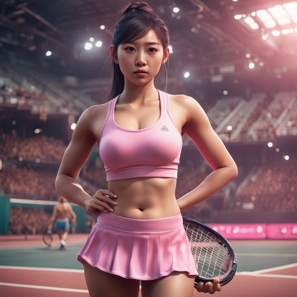 Young Asian Girl in Pink Sports Bra, Detailed Digital Painti...