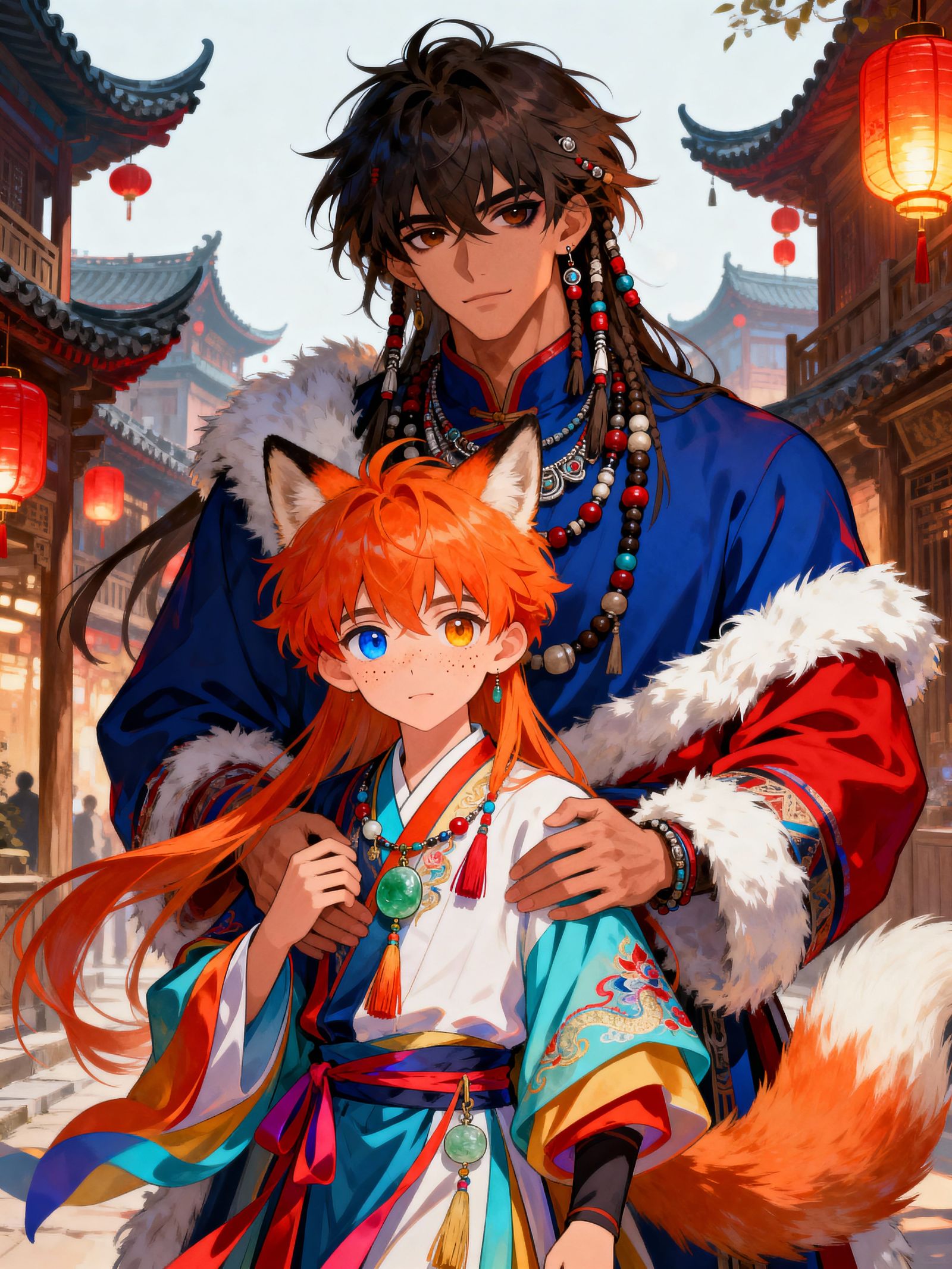 Anime Style Chinese City Scene with Fox Tail Boy
