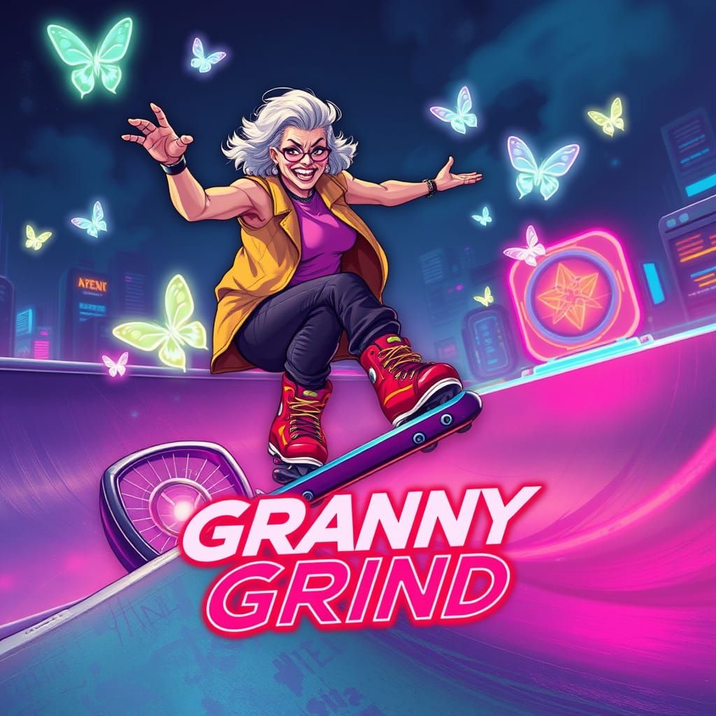 Cyberpunk Granny Grinds in Futuristic Skatepark