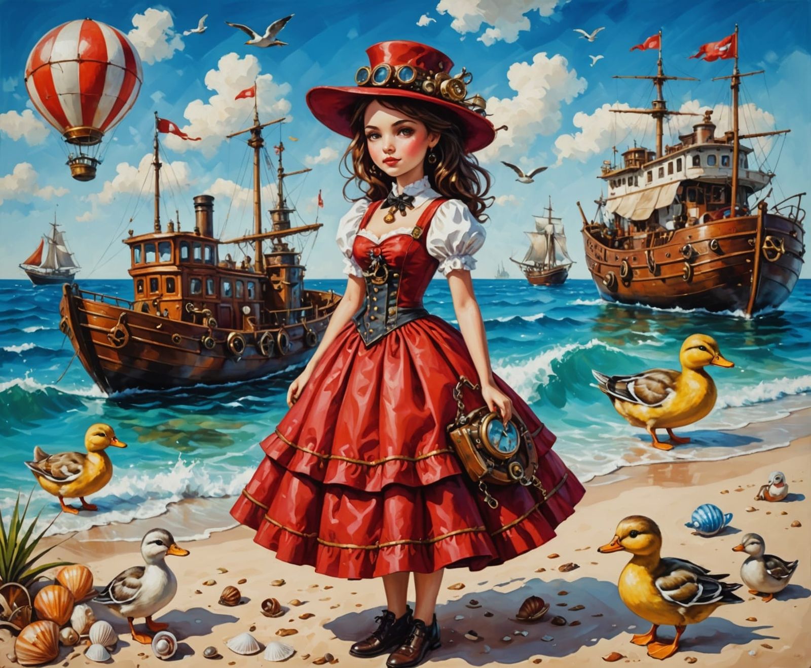 Steampunk Beach Vacation with Cherry in Oil Painting Style