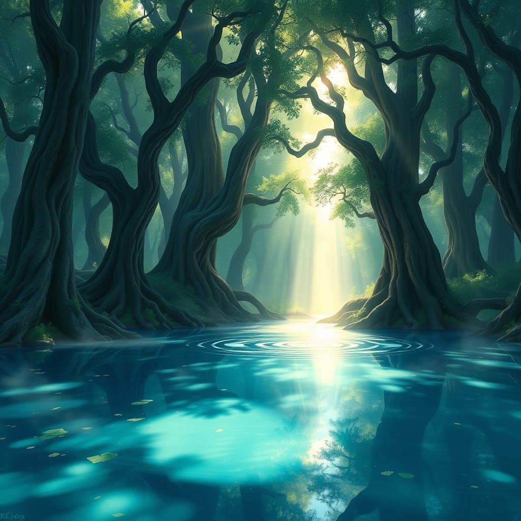 Ethereal Forest Clearing with Sunbeams and Misty Pool
