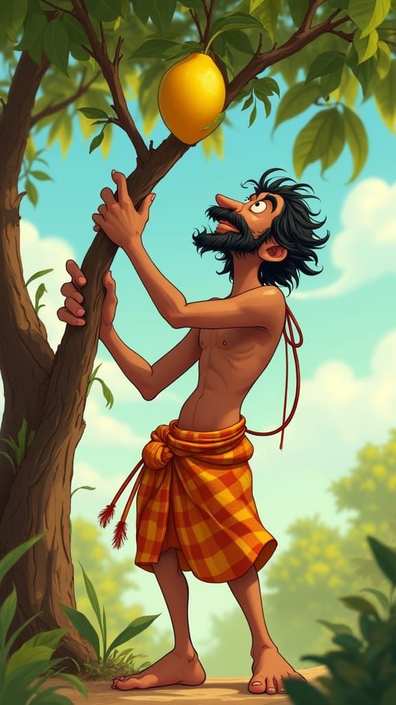 Cartoon Murugan Reaching for Mango in Indian Village