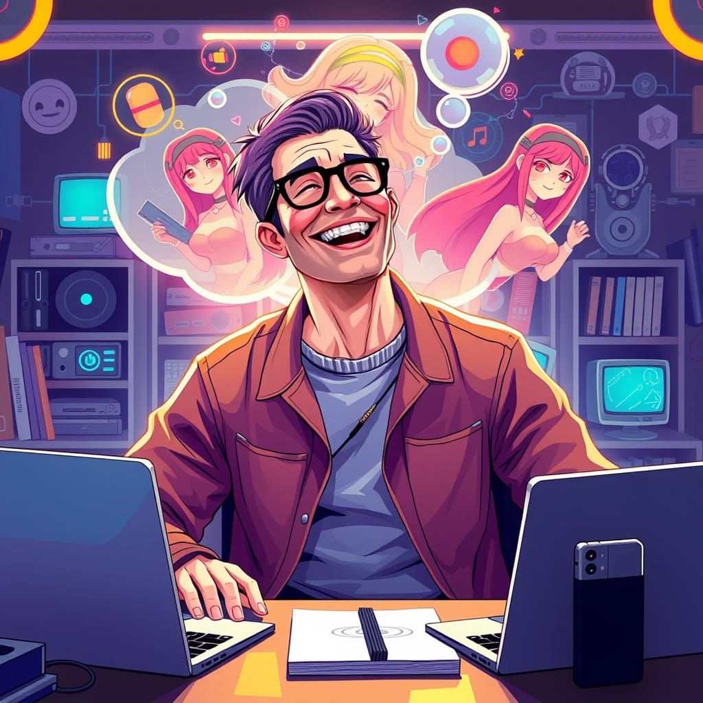 Man Enjoys AI, Dreams of Girls in Vibrant Digital Art