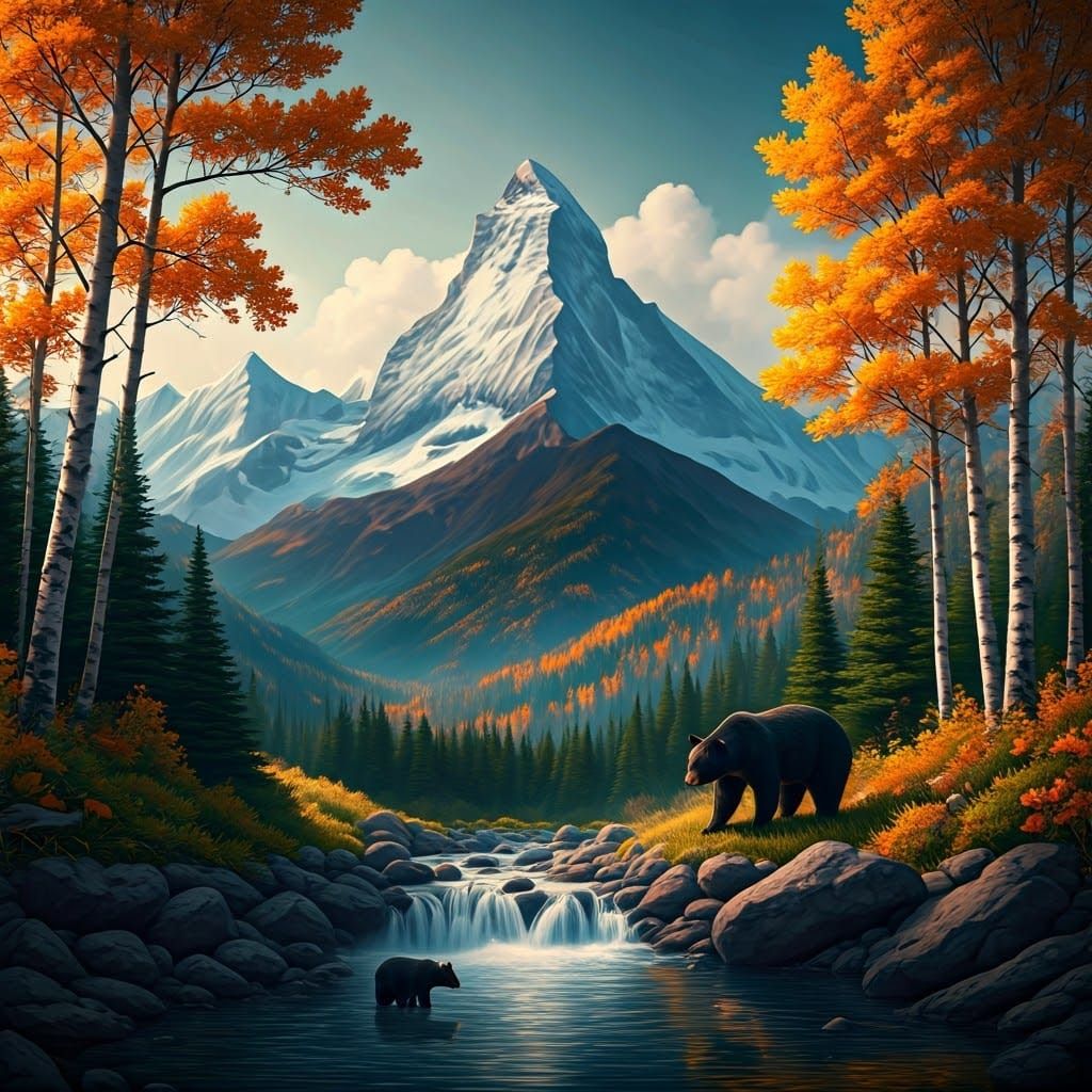 Surreal Autumn Mountain Scene with Black Bears in Muted Tone...