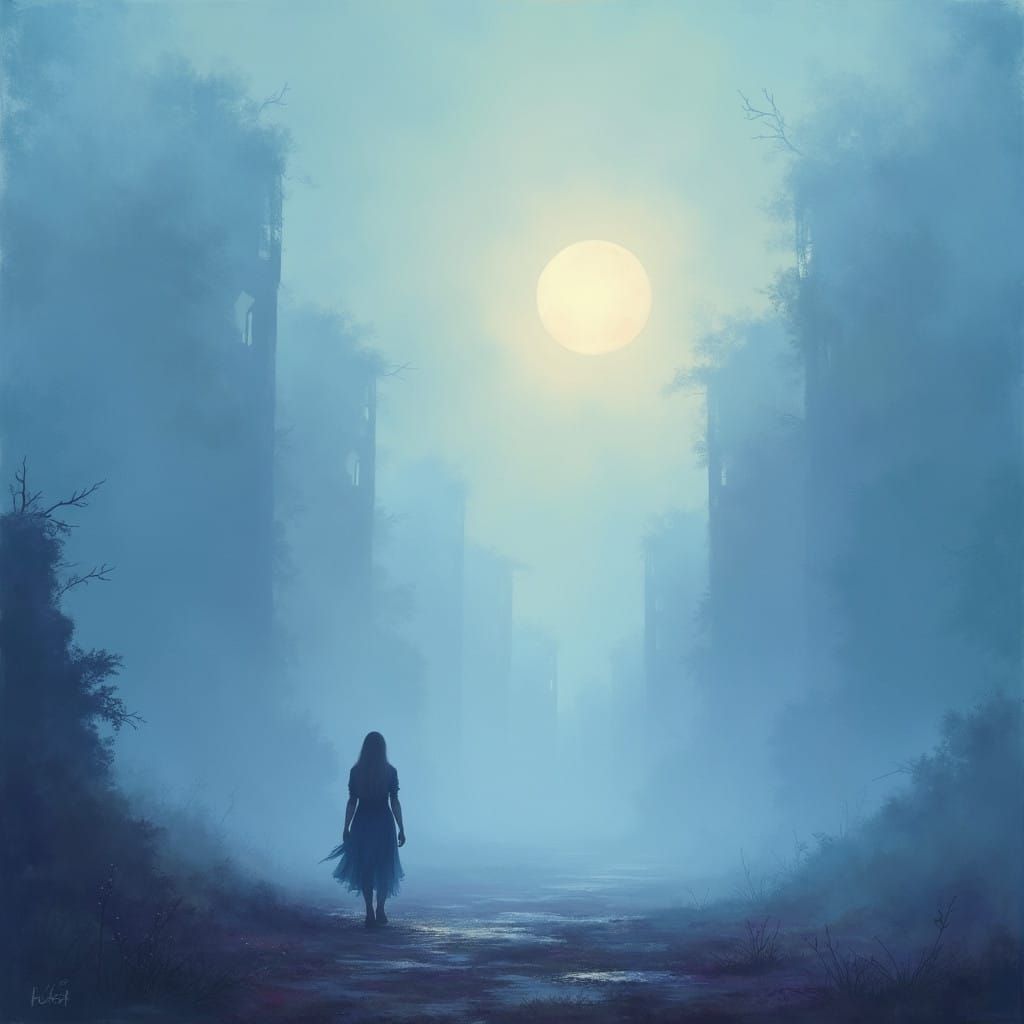Mystical Dreamlike Scene with Solitary Figure Walking toward...