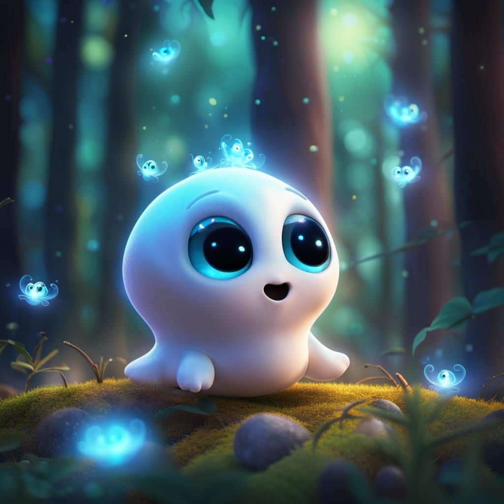Cute Ghost in Forest with Fireflies, Pixar Style
