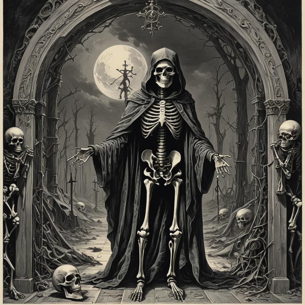Judgement Tarot Card with Skeleton in Hoodie