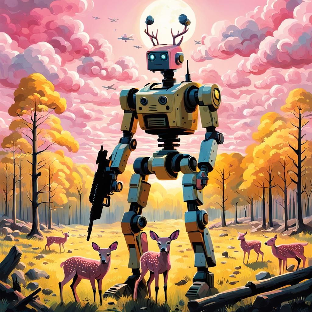Cyborg Fawn Hunter in Spring Woodland Scene
