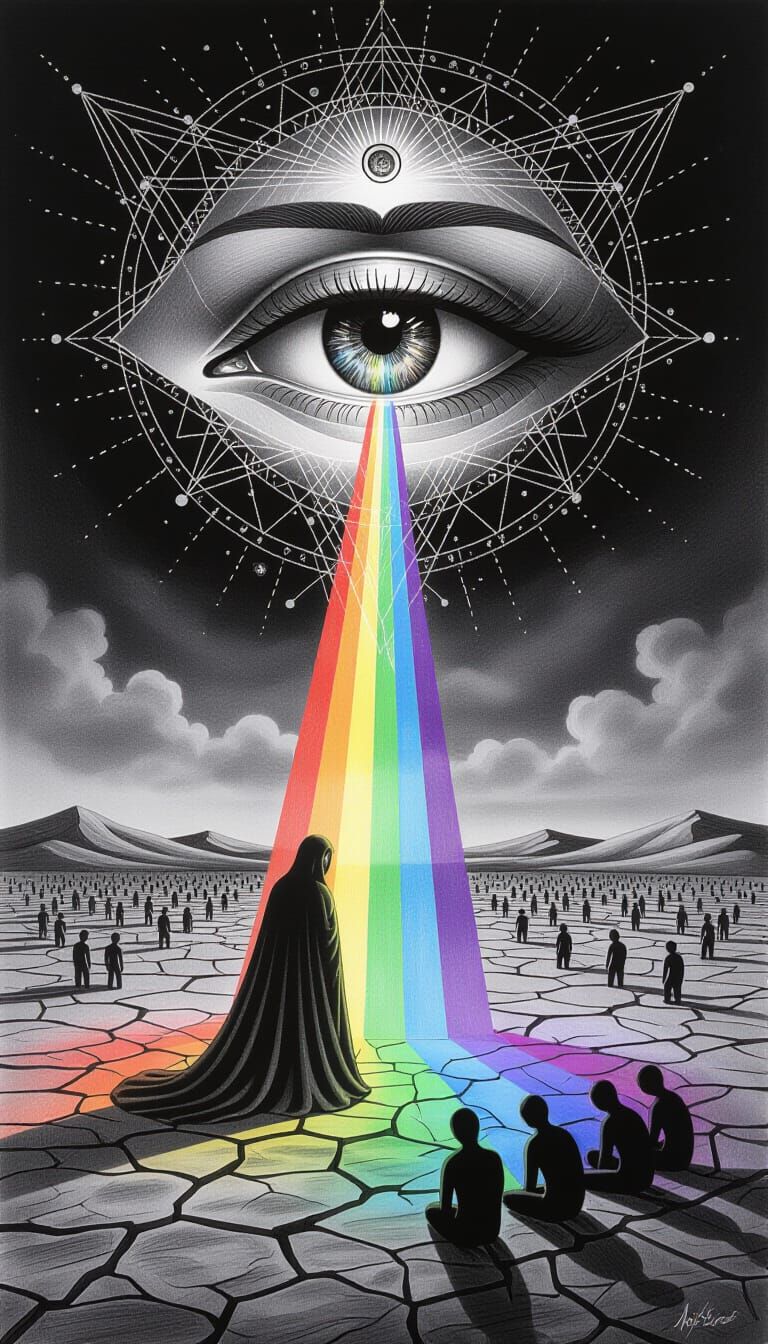 Mystical Eye and Rainbow Beam in Charcoal Drawing