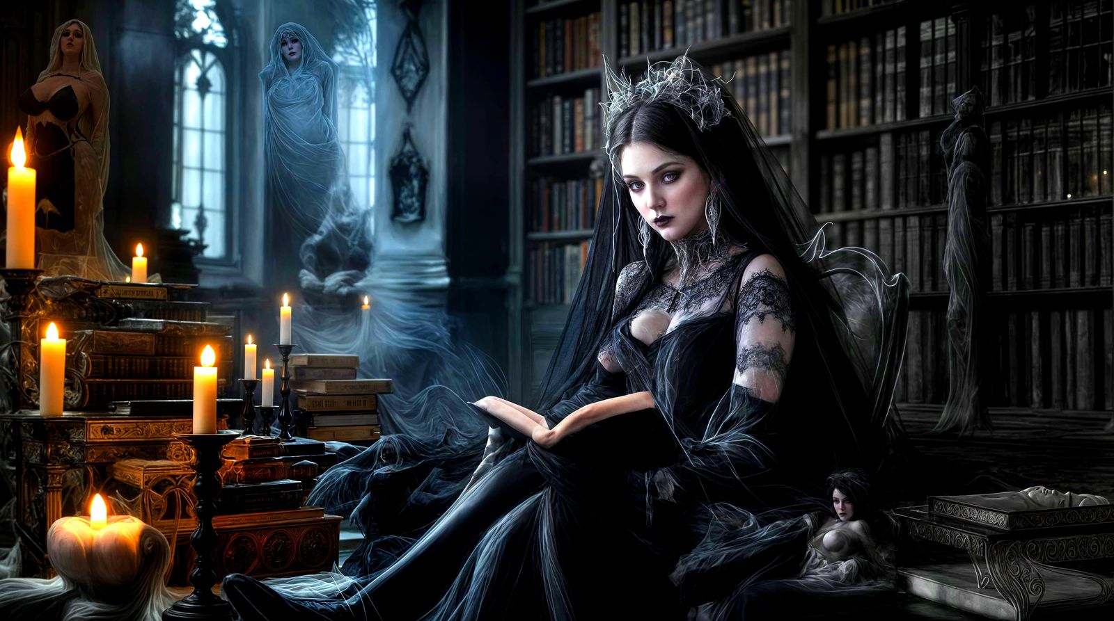 Gothic Summoner McBeth in Candlelit Library