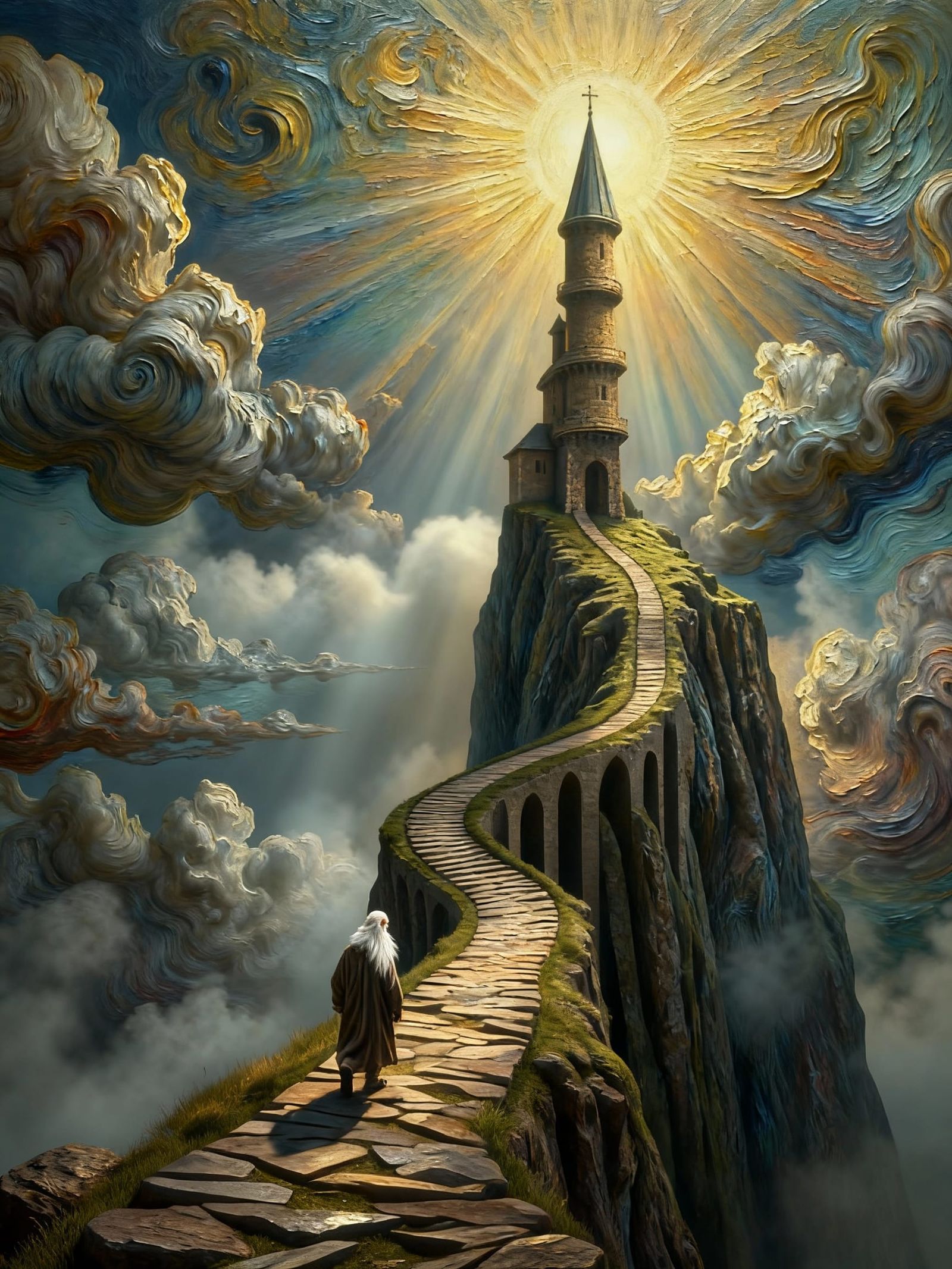 Ascetic on Escher Path to Surreal Tower in Dali Style