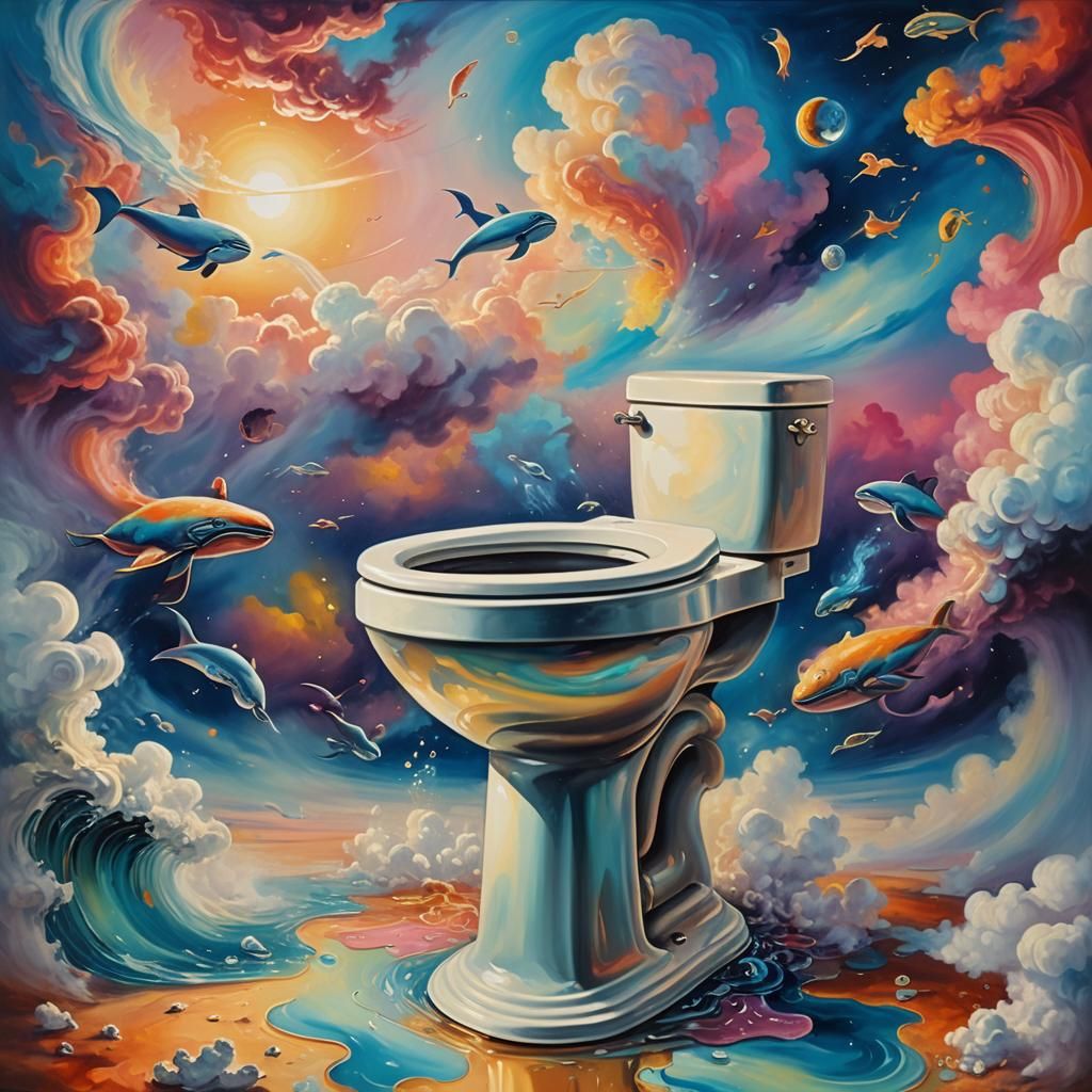 Surreal Toilet in Dreamlike World with Whales
