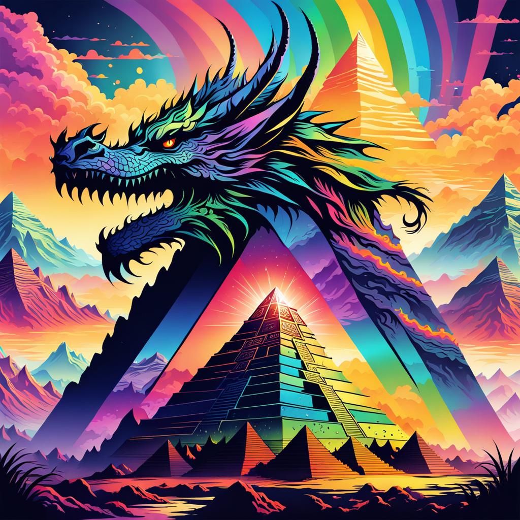 Psychedelic Rainbow Silhouette dragon pyramid epic landscape masterpiece. hyperdetailed 3Delight