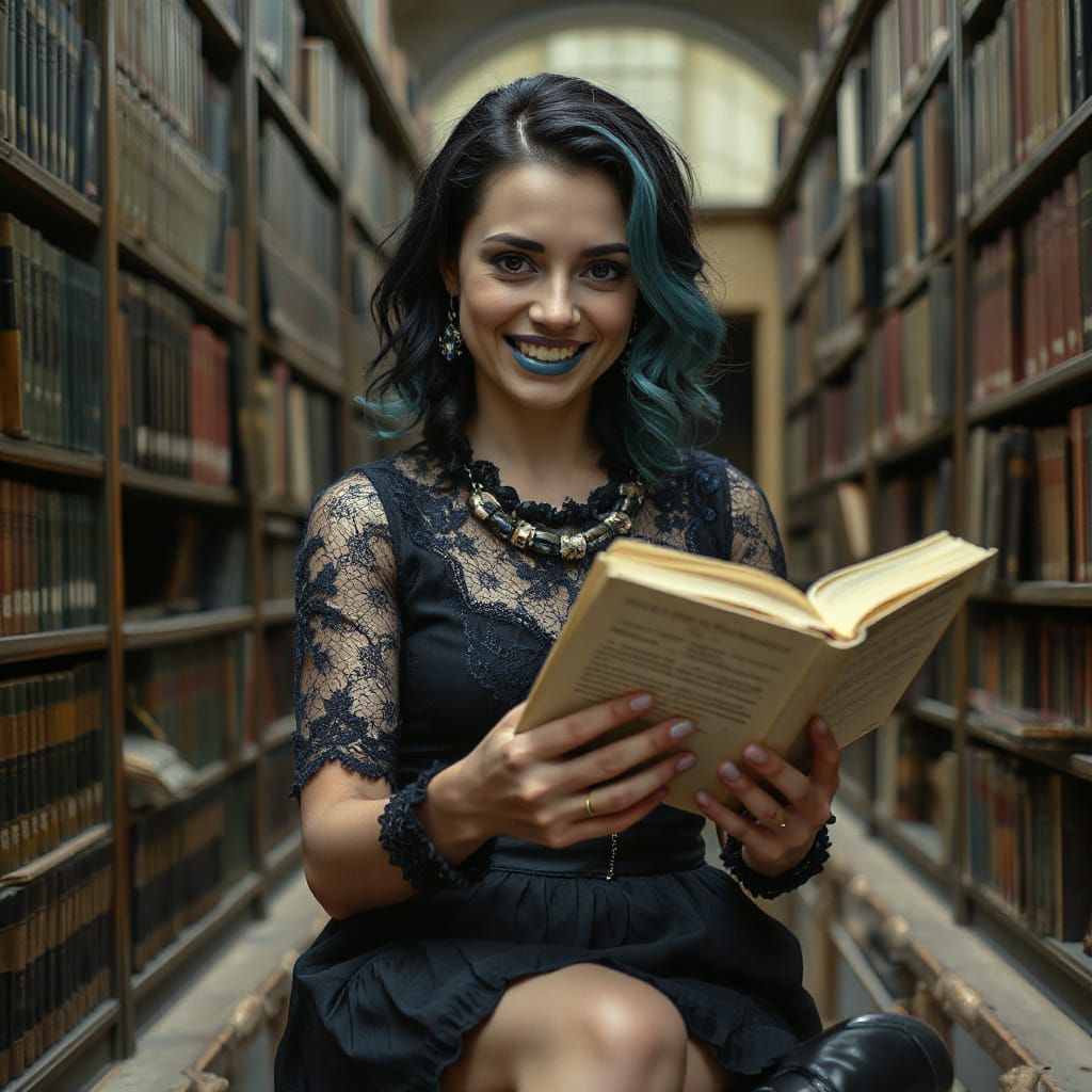 Woman Reading in Dimly Lit Gothic Library
