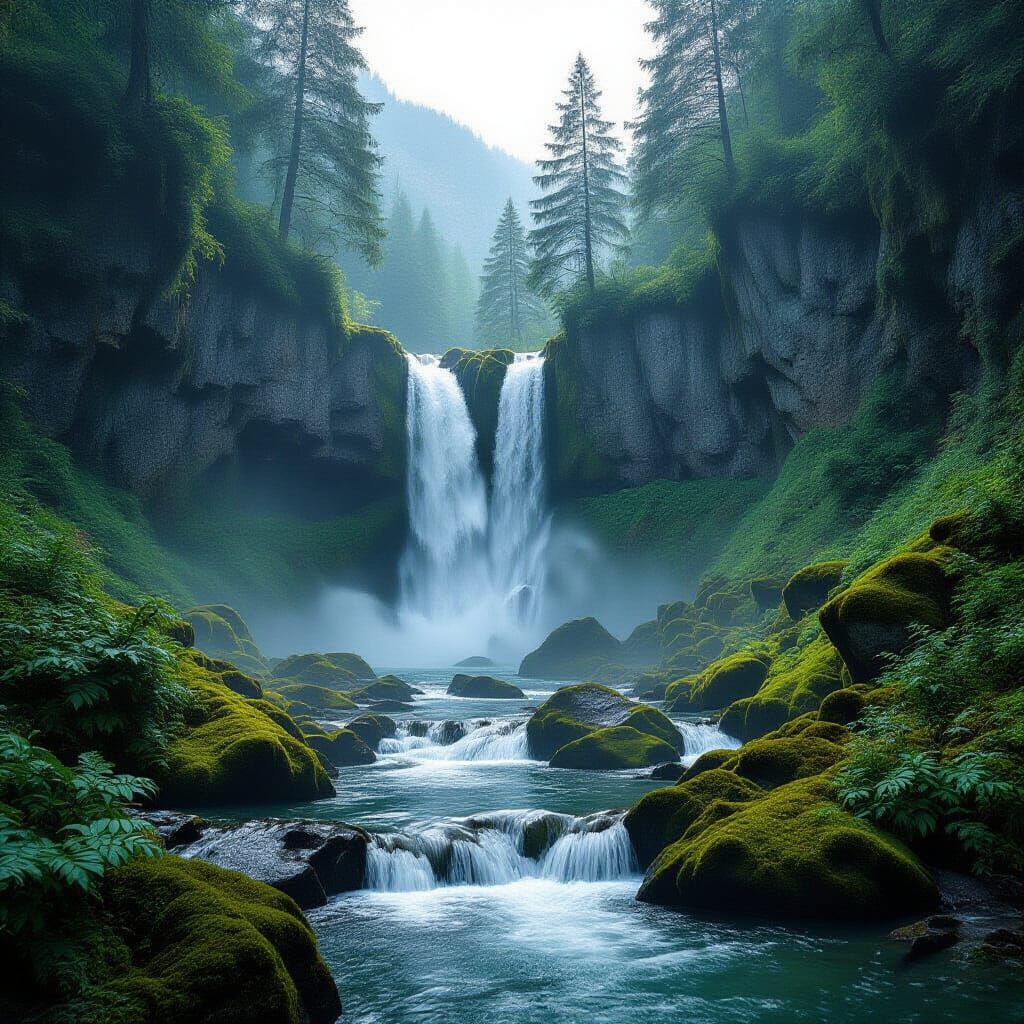 Alps Waterfall: Photorealistic Serene Cascade in Mist