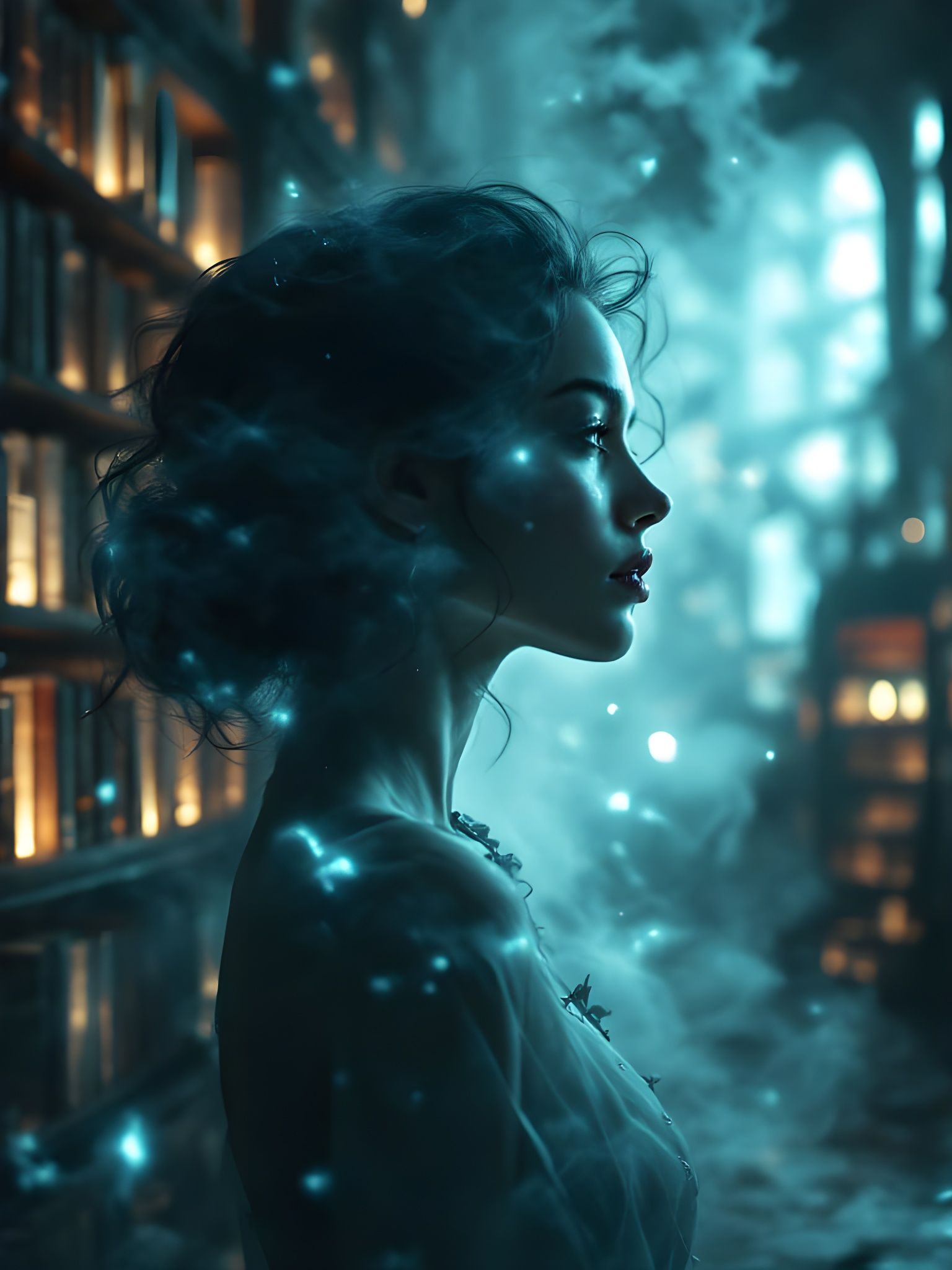 Ghostly Woman Profile in Ancient Crystalline Library