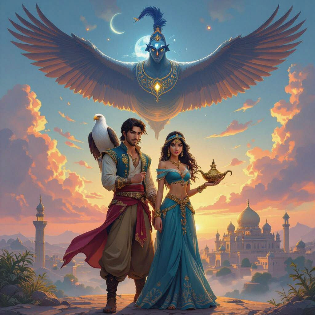 Aladdin and Yasmin with Genie in Hyperrealistic Art