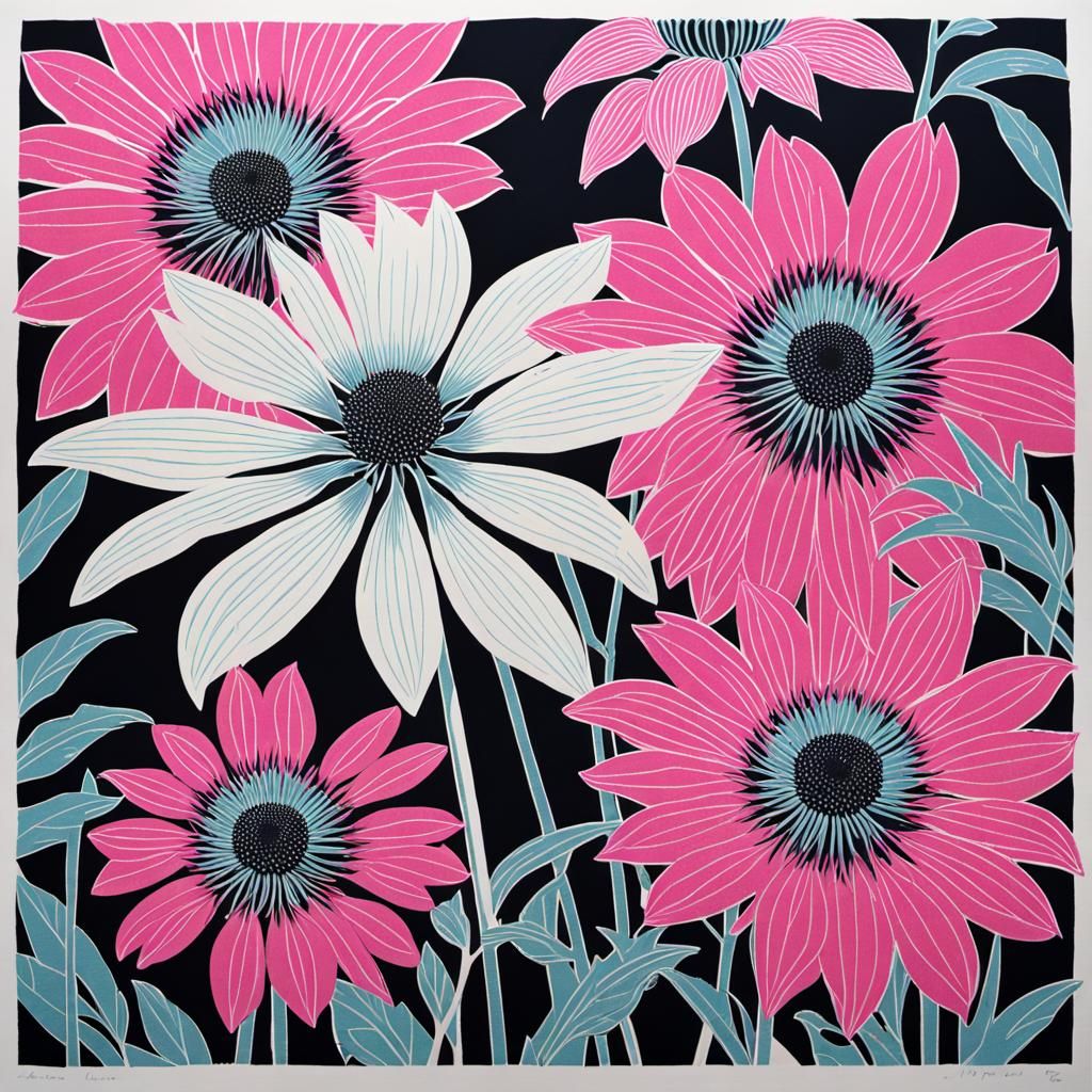 Textured Floral Lino Print in Graphic Style