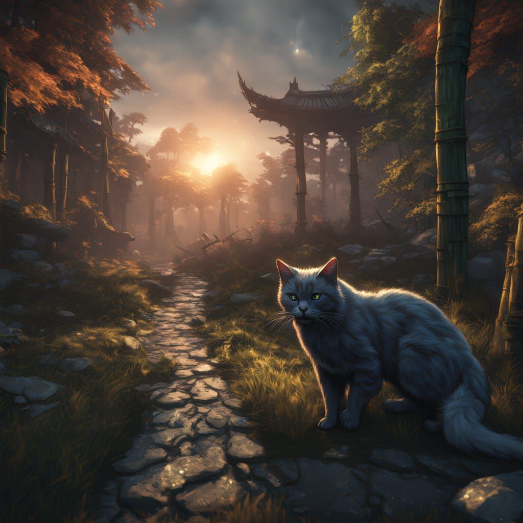 Ninja Cat Under Moonlit Bamboo Forest